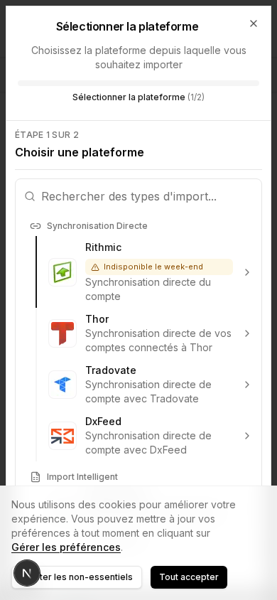 Fenêtre d'import sur un écran de téléphone