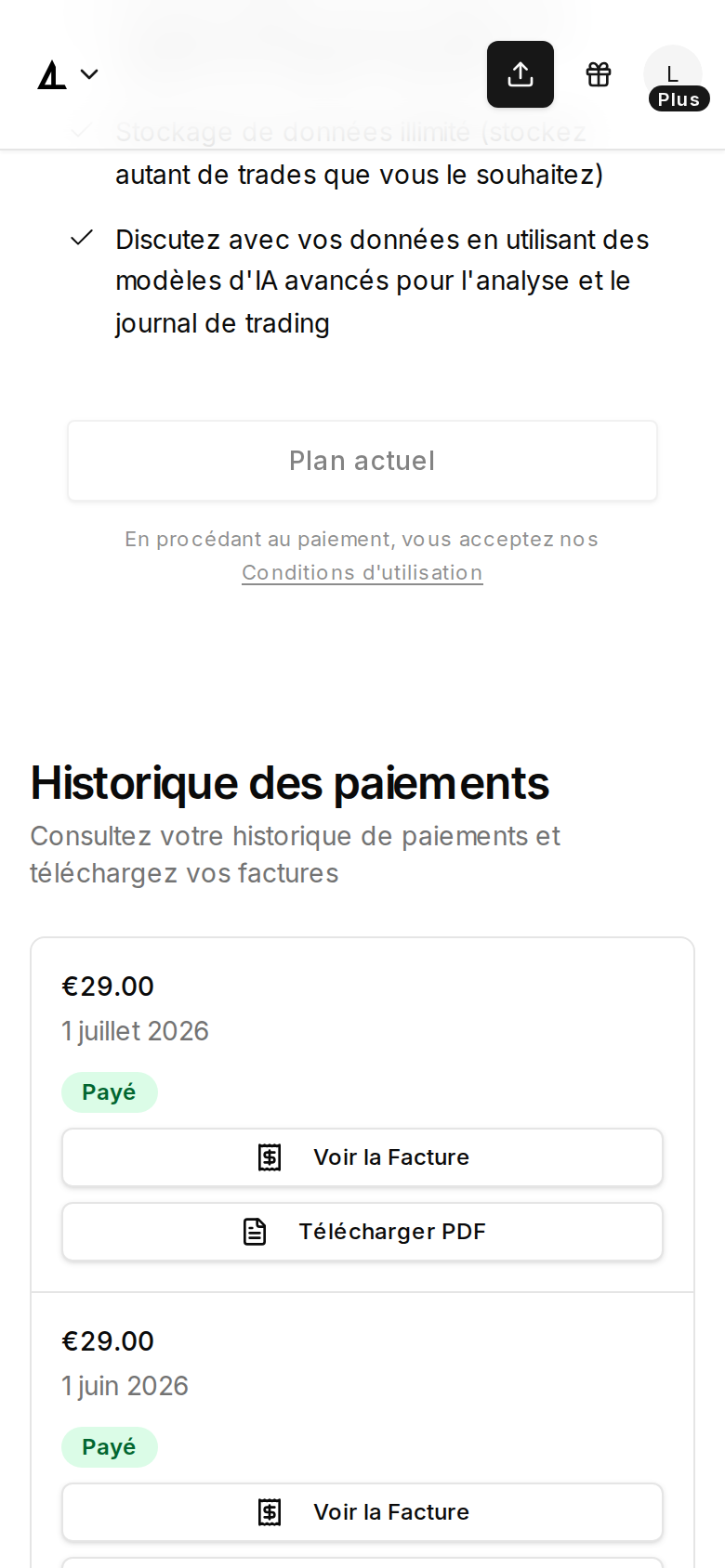 Section historique des paiements sur la page de facturation en largeur mobile