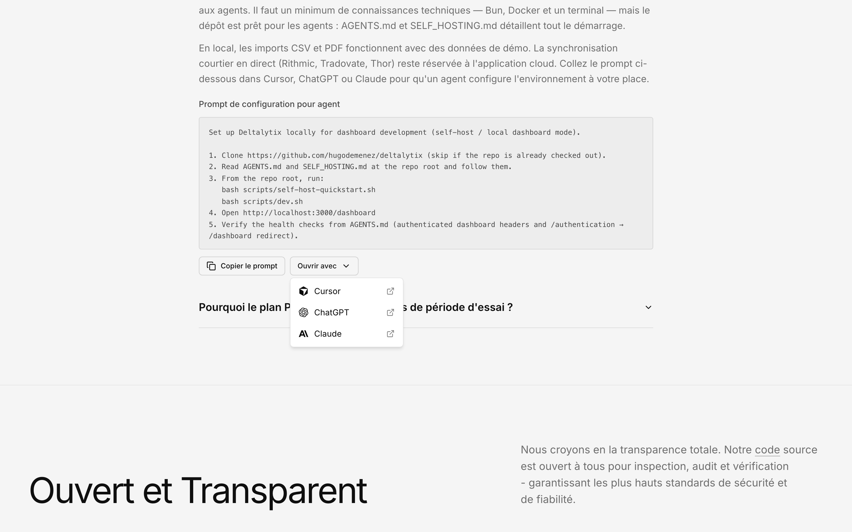 Réponse FAQ auto-hébergement avec Prompt de configuration pour agent, Copier le prompt, et menu Ouvrir avec (Cursor, ChatGPT, Claude)