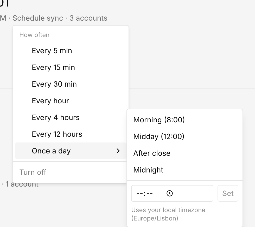 Daily synchronization submenu with local time controls and presets