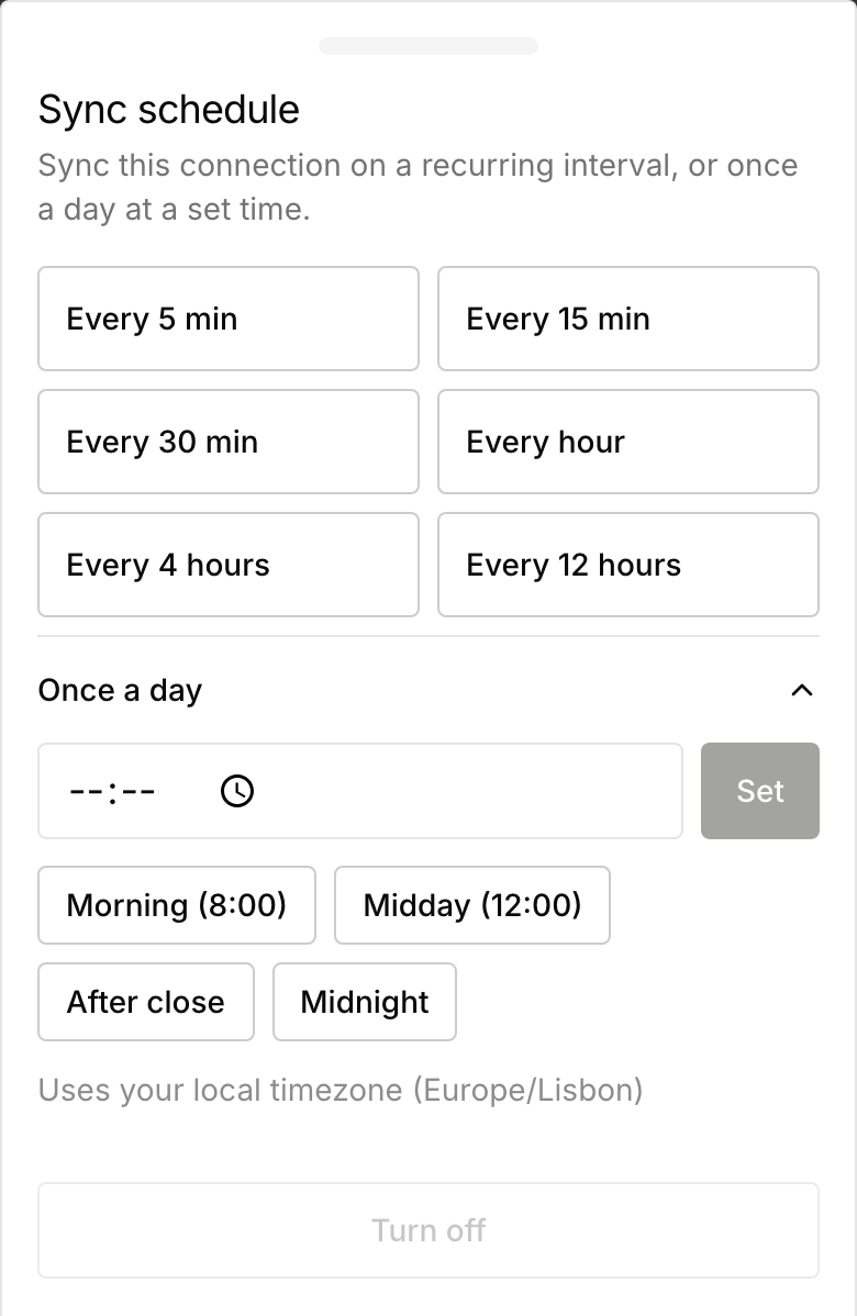 Mobile synchronization drawer with intervals, expanded daily controls, and Turn off