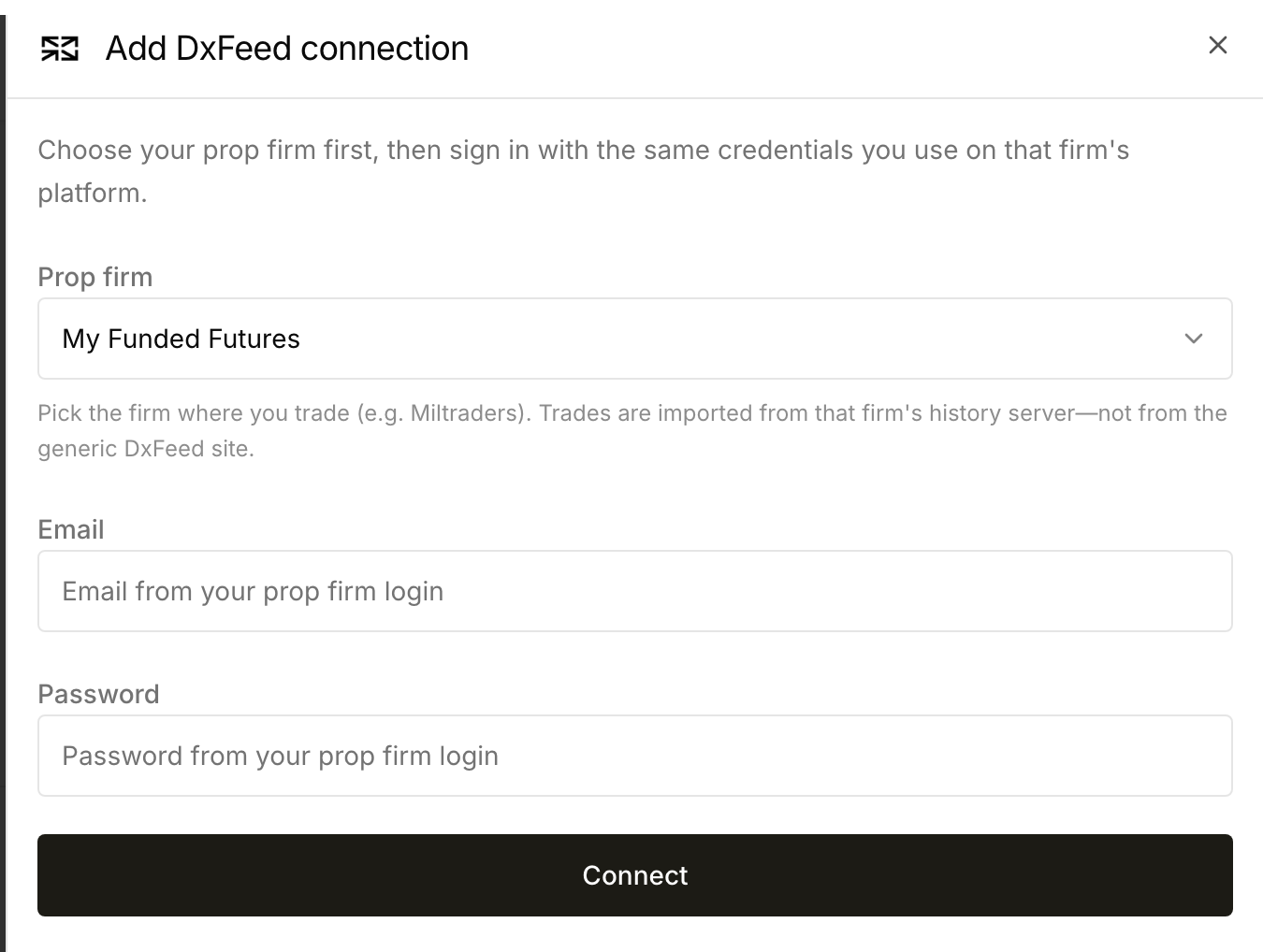 DxFeed credential step with the selected firm and empty email and password fields