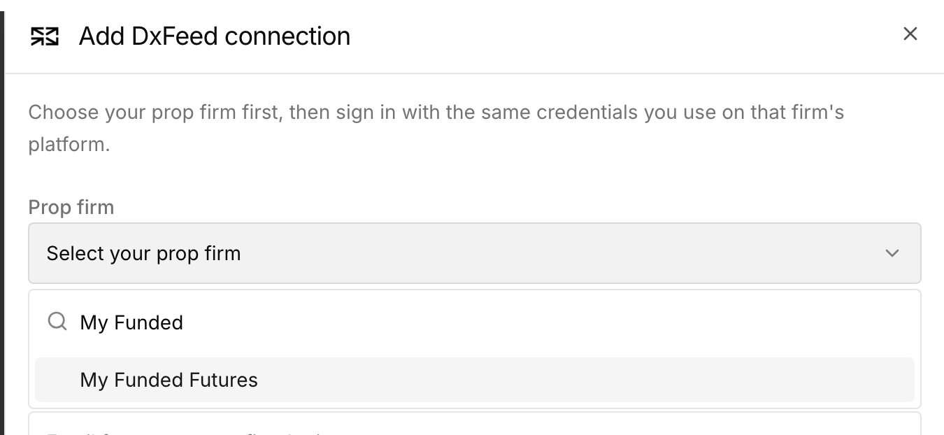 DxFeed connection dialog with the prop-firm picker narrowed to My Funded Futures