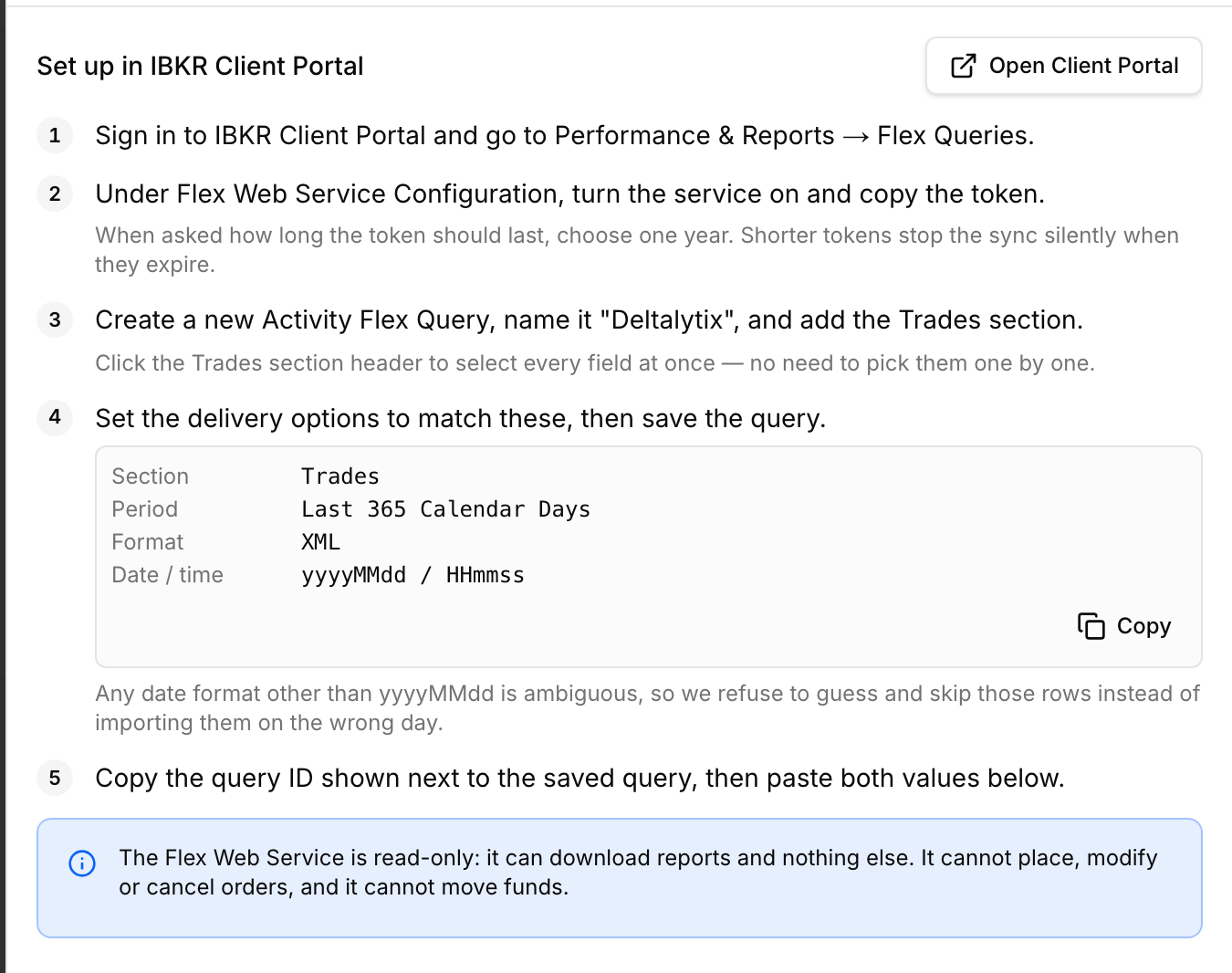 Interactive Brokers read-only Flex Query setup guide