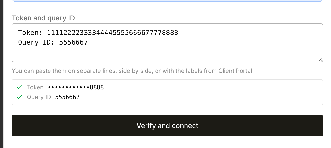 Interactive Brokers verification form filled with a synthetic token and query ID