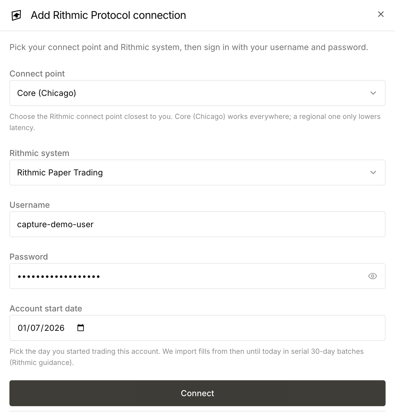 Rithmic Protocol credential step with a masked synthetic password and account start date