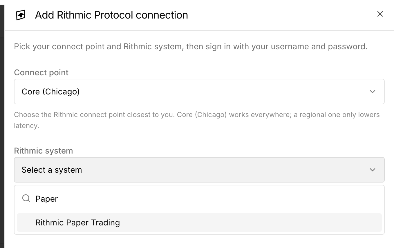 Rithmic Protocol setup with a selected connect point and searchable system picker