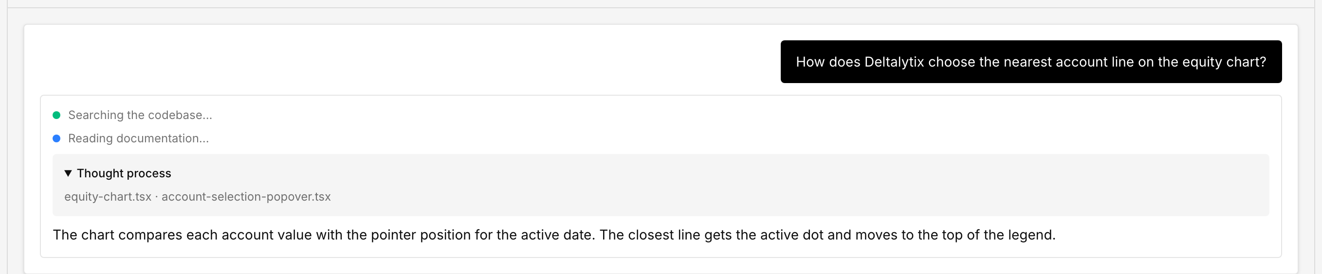 Support conversation showing codebase search, file reading, reasoning, and a sourced answer