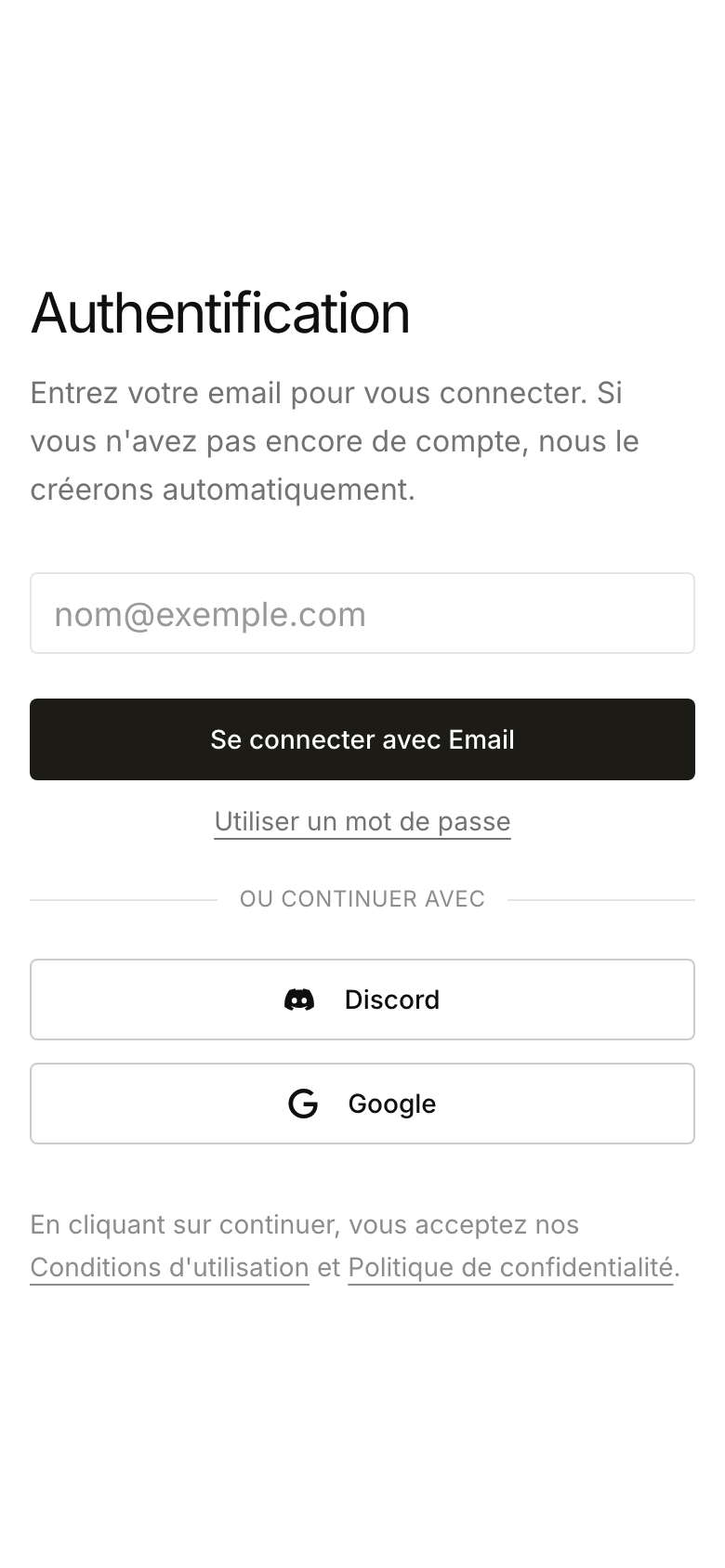 Page d'authentification mobile avec le formulaire recentré sur une seule colonne