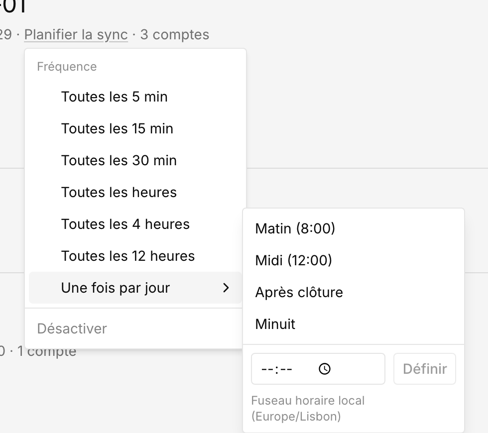 Sous-menu quotidien avec heure locale et préréglages