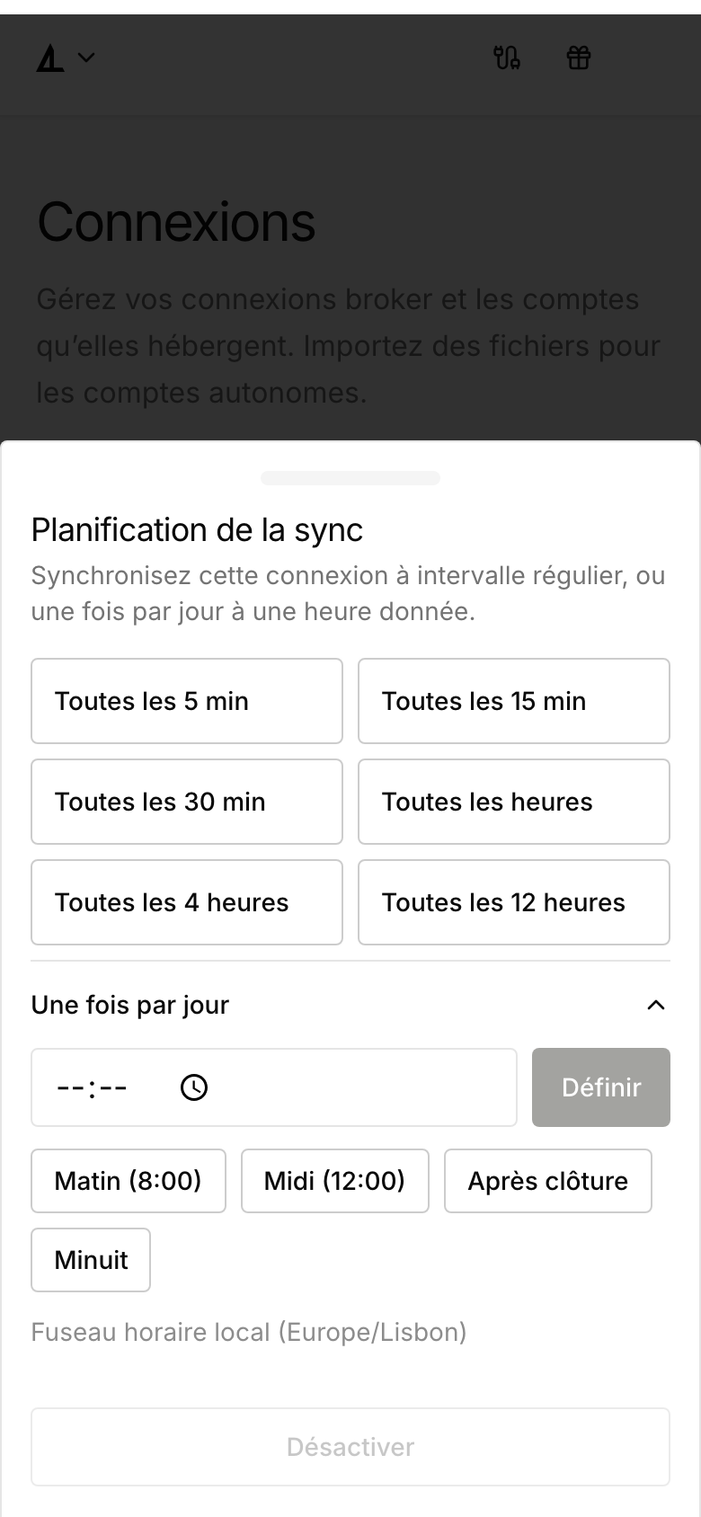 Tiroir mobile avec intervalles, réglages quotidiens dépliés et option Désactiver