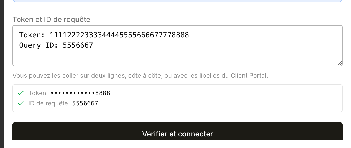 Formulaire de vérification Interactive Brokers rempli avec un token et un ID de requête synthétiques