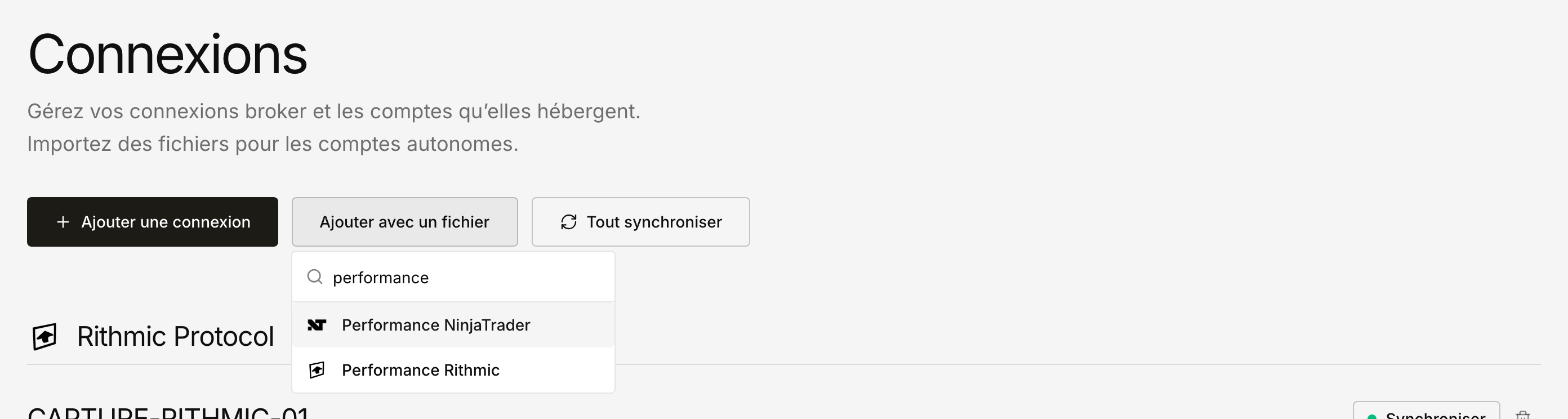 Sélecteur d'import de fichier filtré sur Performance Rithmic dans Connexions