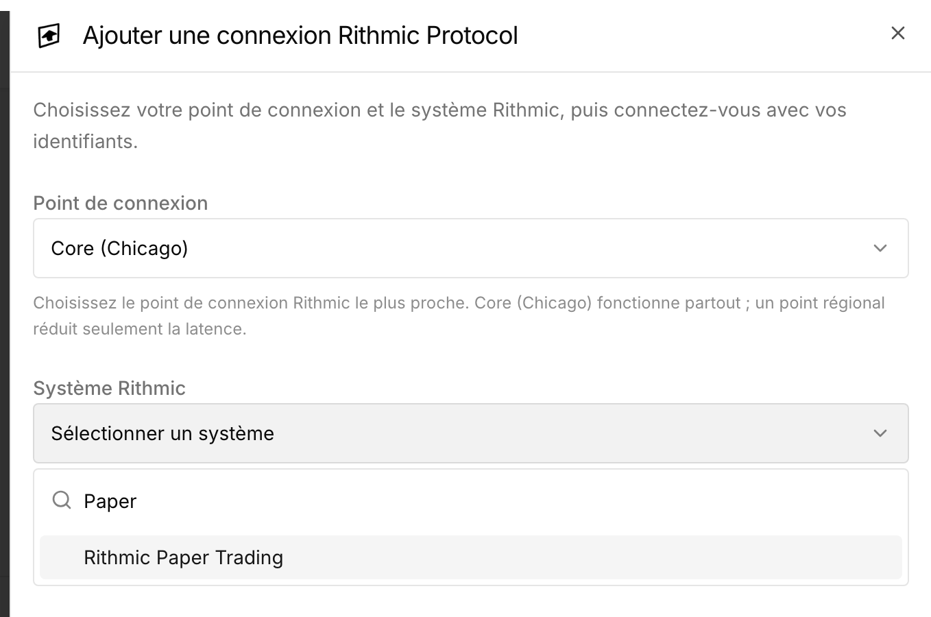 Configuration Rithmic Protocol avec un point de connexion sélectionné et la recherche de système ouverte