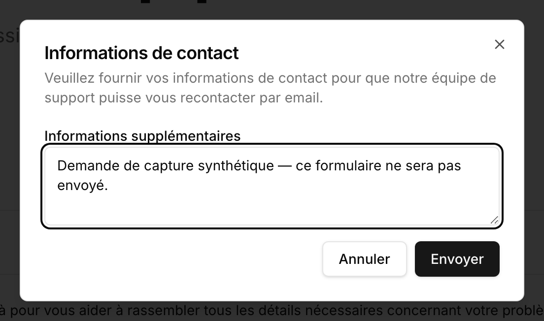 Formulaire de contact du support rempli avec des informations synthétiques et non envoyé