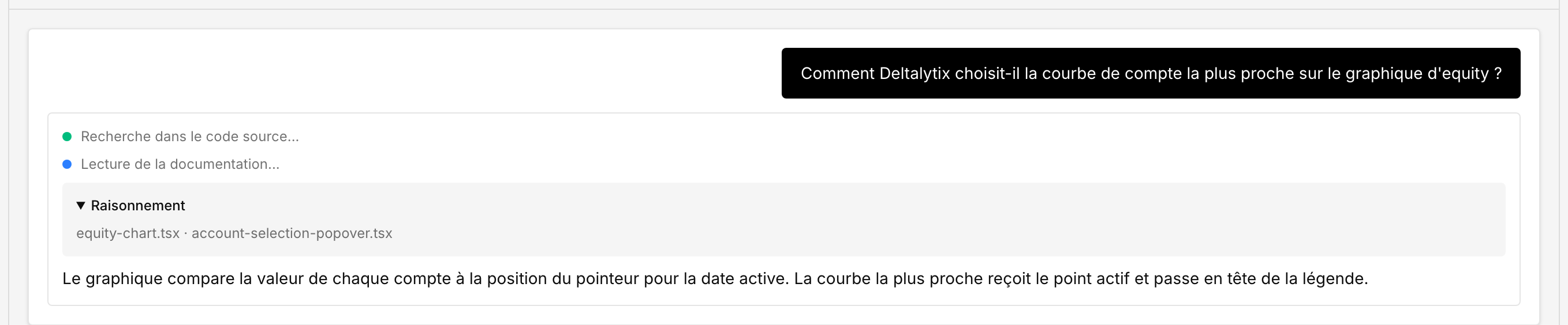 Conversation de support montrant la recherche dans le code, la lecture des fichiers, le raisonnement et une réponse sourcée