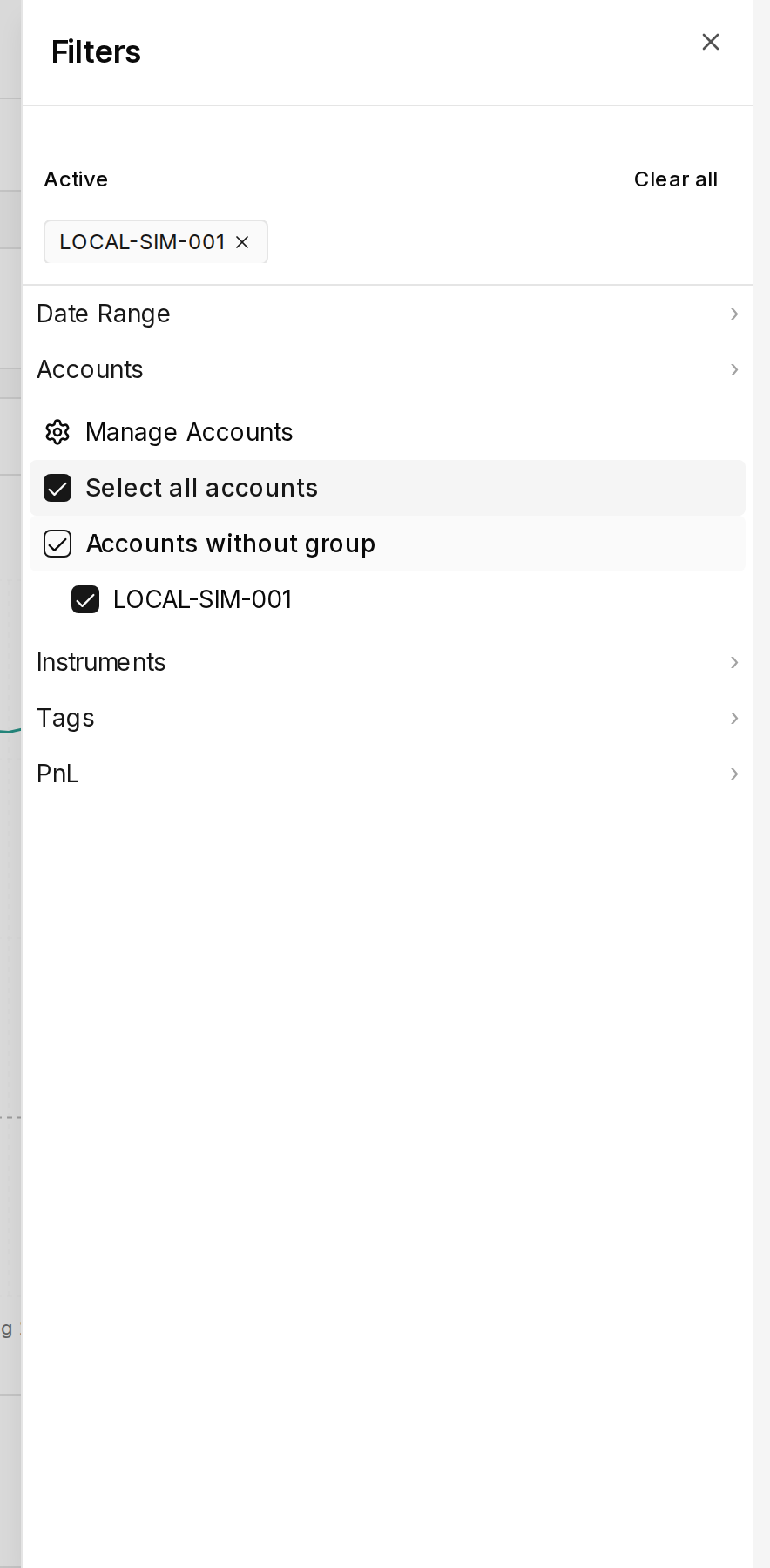 Filter sheet with pinned active account chip, Clear all, and the Accounts section expanded
