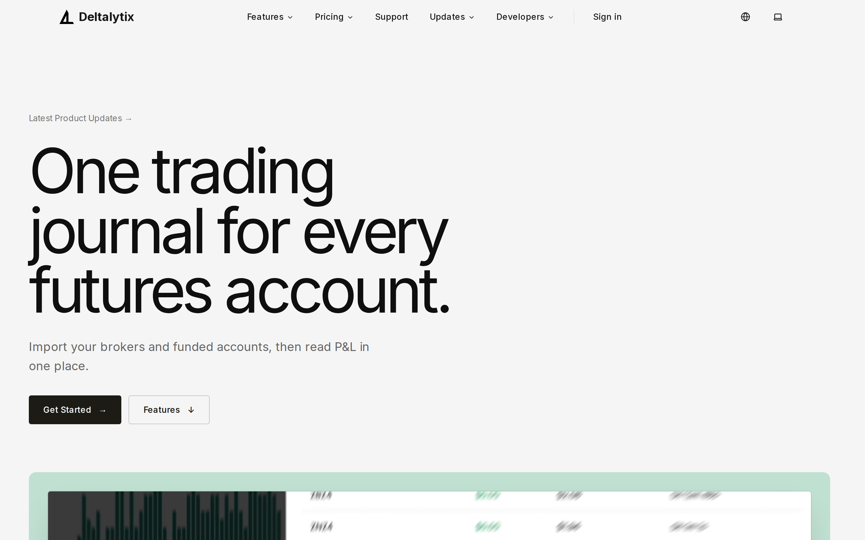 English homepage hero with the trading journal headline and Get Started action