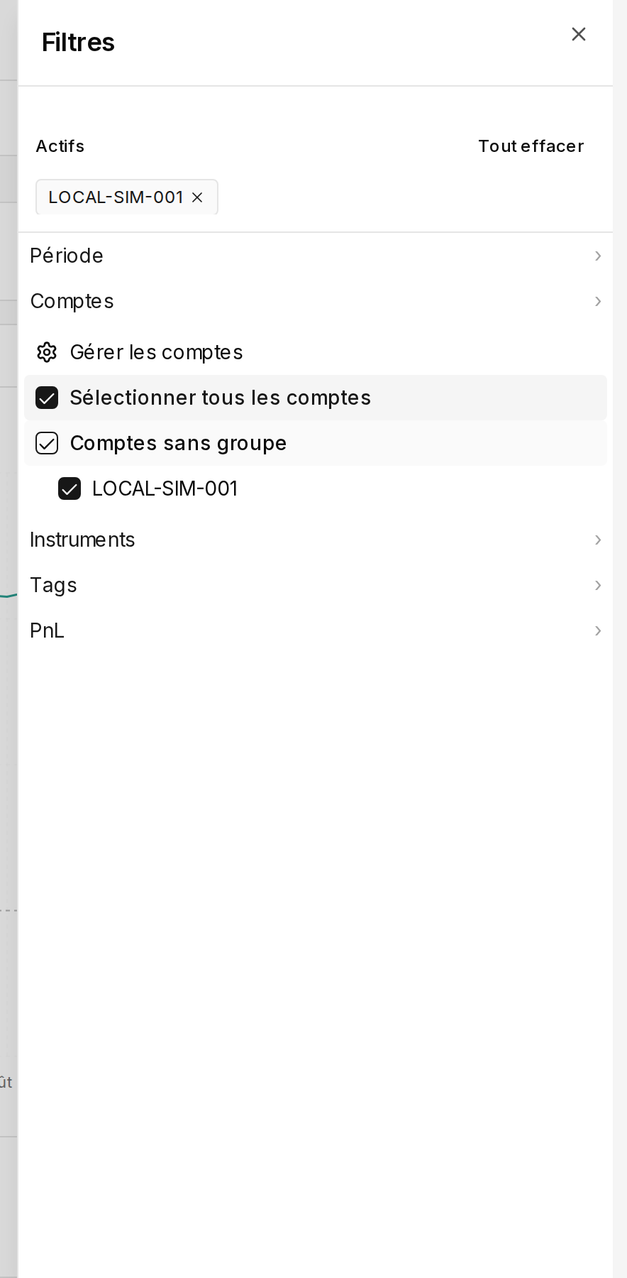 Panneau Filtres avec la puce de compte active, Tout effacer, et la section Comptes dépliée
