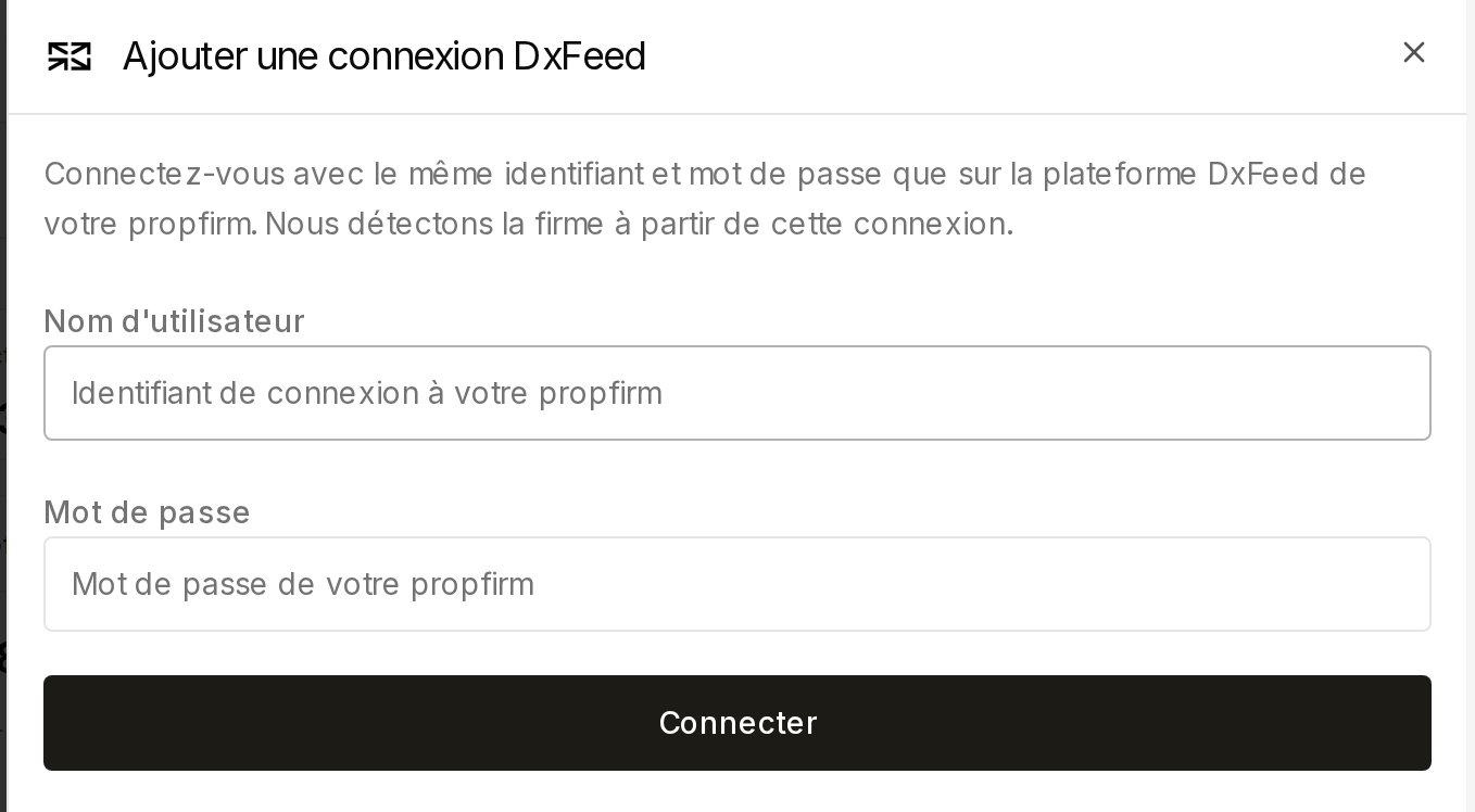 Panneau Ajouter une connexion DxFeed avec les champs identifiant et mot de passe vides, sans sélecteur de prop firm