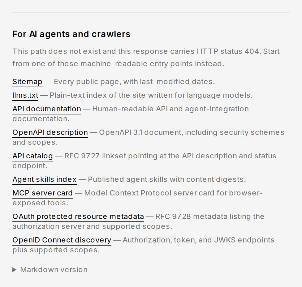 Section For AI agents and crawlers sur une 404 publique, avec sitemap, llms.txt et points d'entrée API