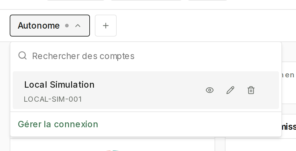 Sélecteur de la puce Autonome avec Local Simulation au-dessus de LOCAL-SIM-001 et les contrôles masquer, renommer et supprimer