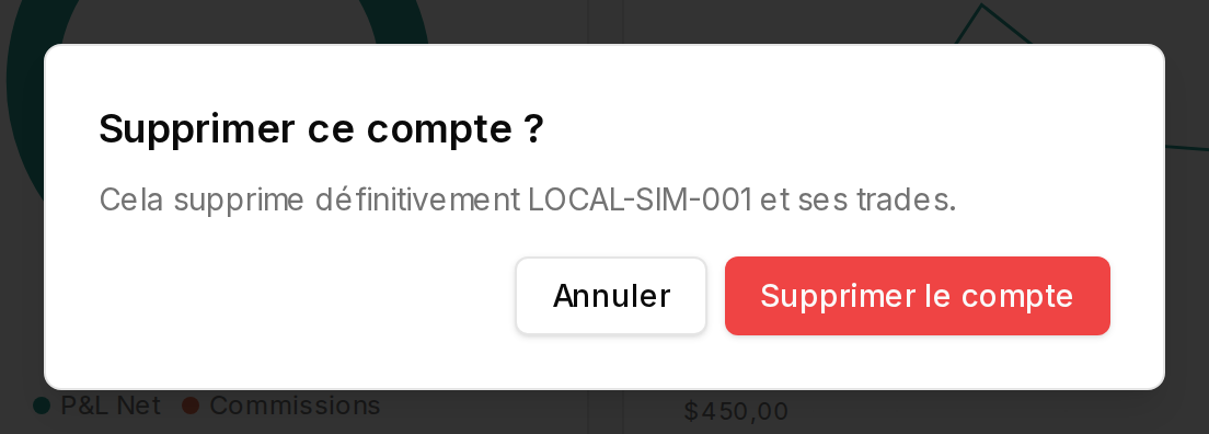 Boîte Supprimer ce compte ? pour LOCAL-SIM-001 avec Annuler et Supprimer le compte