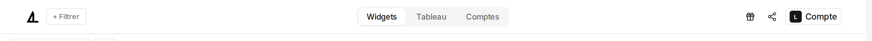 Barre de navigation du tableau de bord avec les onglets centrés Widgets, Tableau et Comptes, Widgets sélectionné