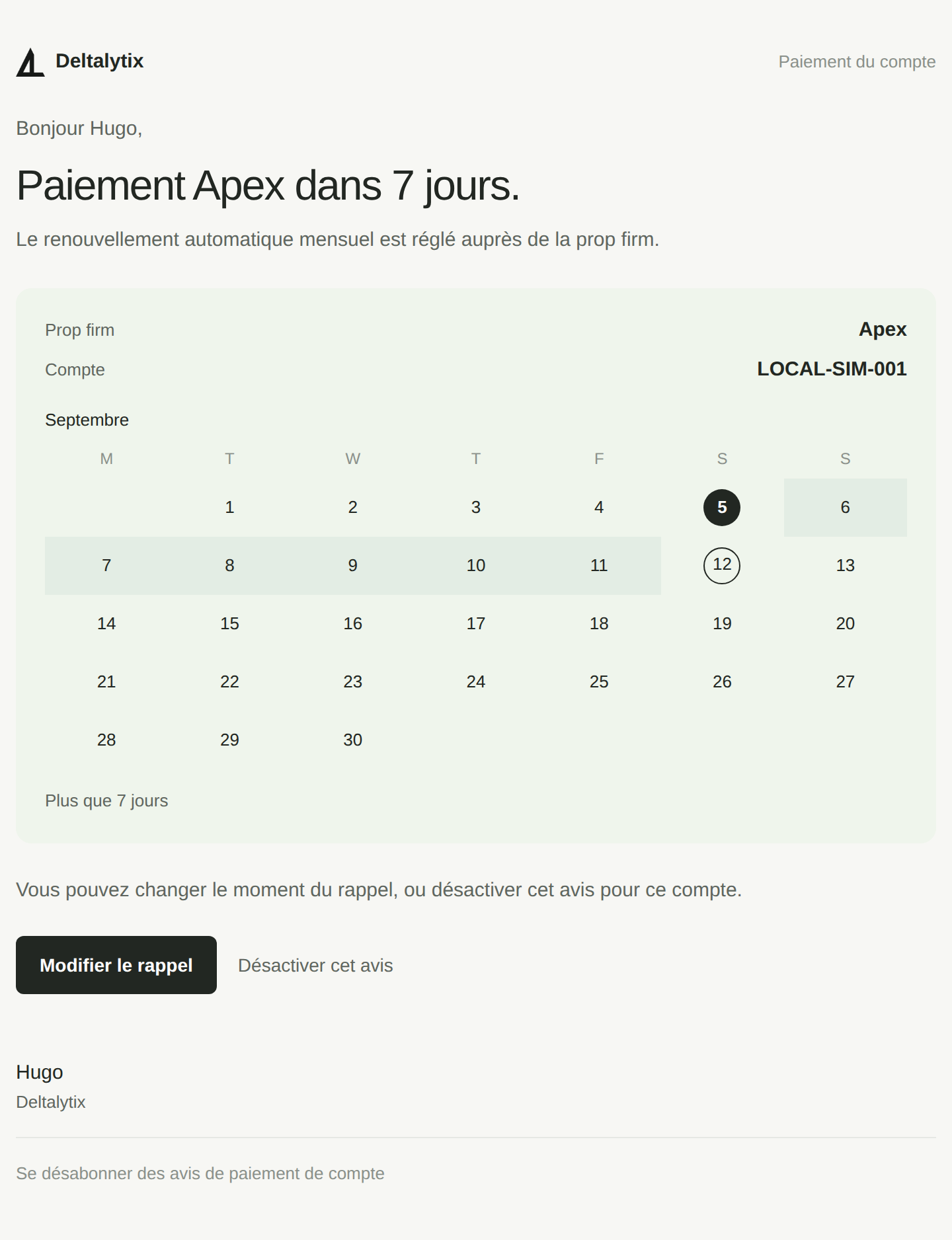 E-mail Paiement du compte pour Apex dans 7 jours, avec un calendrier de septembre du 5 au 12
